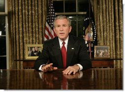 President George W. Bush addresses the nation from the Oval Office Monday evening, Sept. 11, 2006, marking the fifth anniversary of the attacks of Sept. 11, 2001. President Bush said, "The war against this enemy is more than a military conflict. It is the decisive ideological struggle of the 21st century and the calling of our generation."  White House photo by Eric Draper