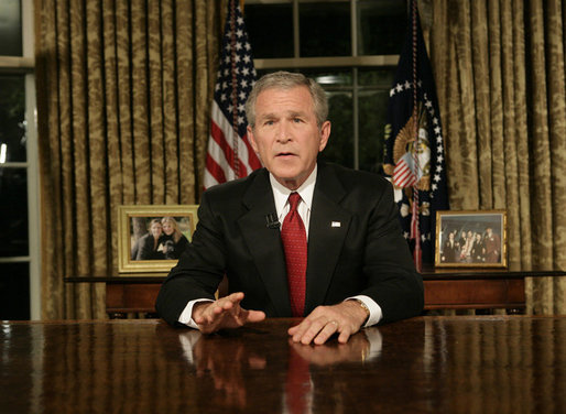 President George W. Bush addresses the nation from the Oval Office Monday evening, Sept. 11, 2006, marking the fifth anniversary of the attacks of Sept. 11, 2001. President Bush said, "The war against this enemy is more than a military conflict. It is the decisive ideological struggle of the 21st century and the calling of our generation." White House photo by Eric Draper