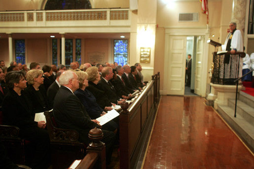 Vice President Dick Cheney, accompanied by Mrs. Lynne Cheney and former Prime Minister Margaret Thatcher of Great Britain, attends a Service of Prayer and Remembrance at St John’s Episcopal Church in Washington, D.C., Monday, September 11, 2006, to commemorate the fifth anniversary of the September 11th terrorist attacks. White House photo by David Bohrer