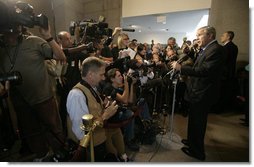 President George W. Bush makes remarks to reporters on Capitol Hill after meeting Thursday, Sept. 14, 2006, with the House Republican conference. The President said he had a great visit and that he had reminded the House members "that the most important job of government is to protect the homeland."  White House photo by Eric Draper