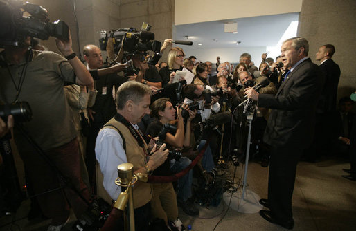 President George W. Bush makes remarks to reporters on Capitol Hill after meeting Thursday, Sept. 14, 2006, with the House Republican conference. The President said he had a great visit and that he had reminded the House members "that the most important job of government is to protect the homeland." White House photo by Eric Draper