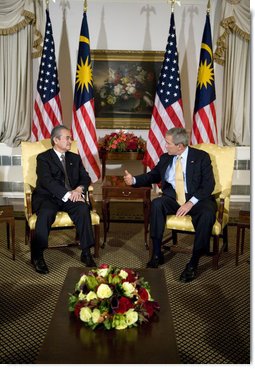 President George W. Bush meets with Prime Minister Abdullah bin Ahmad Badawi of Malaysia, Monday, Sept. 18, 2006, during the President's visit to New York City for the United Nations General Assembly. White House photo by Eric Draper