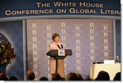 Mrs. Laura Bush delivers opening remarks Monday, Sept. 18, 2006, during the White House Conference on Global Literacy, held at the New York Public Library. The program underscores the need for sustained global and country level leadership in promoting literacy.  White House photo by Shealah Craighead