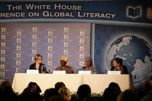 Secretary of Education Margaret Spellings participates in a panel discussion on Mother-Child Literacy and Intergenerational Learning during the White House Conference on Global Literacy Monday, Sept. 18, 2006, at the New York Public Library. Joining Secretary Spellings from left are: Maria Diarra Keita, Founding Director, Institute for Popular Education in Mali; Florence Molefe, Facilitator, the Family Literacy Project in South Africa, and Dr. Perri Klass, Medical Doctor and President of the Reach Out and Read National Center and Professor of Journalism and Pediatrics, New York University. White House photo by Shealah Craighead