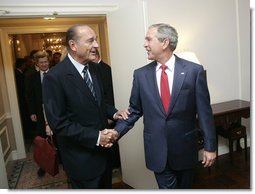 President George W. Bush meets with President Jacques Chirac of France Tuesday, Sept. 19, 2006, during the President's visit to New York City for the United Nations General Assembly. White House photo by Eric Draper