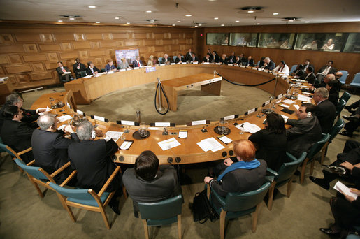 President George W. Bush participates in a roundtable discussion on democracy Tuesday, Sept. 19, 2006, during the President's visit to New York City for the United Nations General Assembly. White House photo by Eric Draper