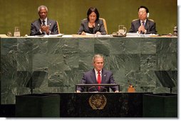 President George W. Bush addresses the United Nations General Assembly in New York City Tuesday, Sept. 19, 2006. "Five years ago, Afghanistan was ruled by the brutal Taliban regime, and its seat in this body was contested. Now this seat is held by the freely elected government of Afghanistan, which is represented today by President Karzai," said President Bush. White House photo by Shealah Craighead