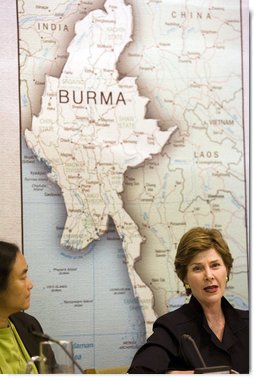 Mrs. Laura Bush speaks to panelists, including Hseng Noung, a Burmese activist and founding member of the Shan Women, Action Network, during a roundtable discussion about the humanitarian crisis facing Burma at the United Nations in New York City Tuesday, Sept. 19, 2006. White House photo by Shealah Craighead