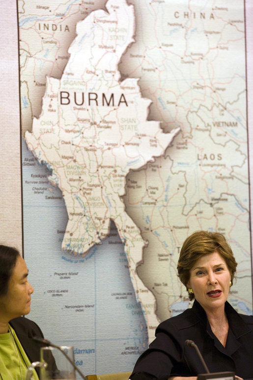 Mrs. Laura Bush speaks to panelists, including Hseng Noung, a Burmese activist and founding member of the Shan Women, Action Network, during a roundtable discussion about the humanitarian crisis facing Burma at the United Nations in New York City Tuesday, Sept. 19, 2006. White House photo by Shealah Craighead