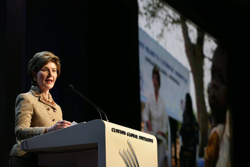 Mrs. Bush announces a $60 million public-private partnership between the U.S. Government and the Case Foundation at President Bill Clinton's Annual Global Initiative Conference in New York, NY, Wednesday, September 20, 2006. The partnership will work to provide clean water to up to 10 million people in sub-Sahara Africa by 2010, and support the provision and installation of PlayPump water systems in approximately 650 schools, health centers and HIV affected communities. PlayPump water system is powered by children's play consisting of a merry-go-round attached to a water pump with a storage tank. White House photo by Shealah Craighead