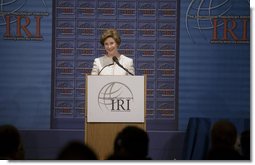 Mrs. Laura Bush delivers remarks during the International Republican Institute's 2006 Freedom Award dinner in Washington, D.C., Thursday, September 21, 2006. Mrs. Bush and Ellen Johnson Sirleaf, President of Liberia, were presented the 2006 Freedom Award which recognizes their work in encouraging women to participate in democratic process. White House photo by Shealah Craighead