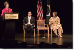 Mrs. Laura Bush, joined by President Michael Kaiser of the John F. Kennedy Center for the Performing Arts, and Mrs. Sehba Musharraf, wife of Pakistan's President Pervez Musharraf, delivers remarks during a presentation for the launching of a new Pakistani arts and cultural website Thursday, September 21, 2006, at The Kennedy Center in Washington, D.C. The website is created by the Pakistan National Council the Arts and The Kennedy Center and is called, "Gift of the Indus: The Arts and Culture of Pakistan."  White House photo by Shealah Craighead