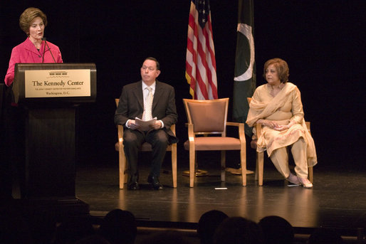 Mrs. Laura Bush, joined by President Michael Kaiser of the John F. Kennedy Center for the Performing Arts, and Mrs. Sehba Musharraf, wife of Pakistan's President Pervez Musharraf, delivers remarks during a presentation for the launching of a new Pakistani arts and cultural website Thursday, September 21, 2006, at The Kennedy Center in Washington, D.C. The website is created by the Pakistan National Council the Arts and The Kennedy Center and is called, "Gift of the Indus: The Arts and Culture of Pakistan." White House photo by Shealah Craighead