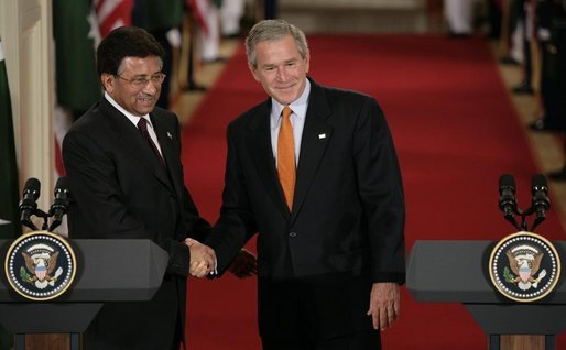 President George W. Bush and President Pervez Musharraf, of the Islamic Republic of Pakistan, shake hands after a joint press availability Friday, Sept. 22, 2006 in the East Room of the White House. White House photo by Eric Draper