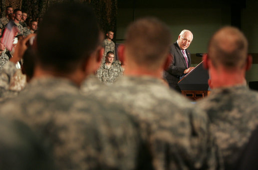 Vice President Dick Cheney thanks members of the Michigan National Guard for their service in the war on terror during an address delivered Monday, September 25, 2006, at the Grand Valley Armory in Wyoming, Mich. Since September 11, 2001, approximately 75 percent of the Michigan Guard has been deployed in support of Operation Iraqi Freedom and Operation Enduring Freedom. White House photo by David Bohrer