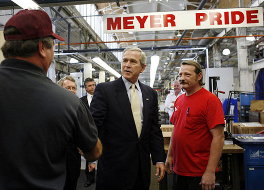 President George W. Bush meets employees of Meyer Tool Inc. Monday, Sept. 25, 2006 in Cincinnati, Ohio, while taking tour of the facility and stressed how important small businesses are to the nation’s economic vitality. White House photo by Paul Morse