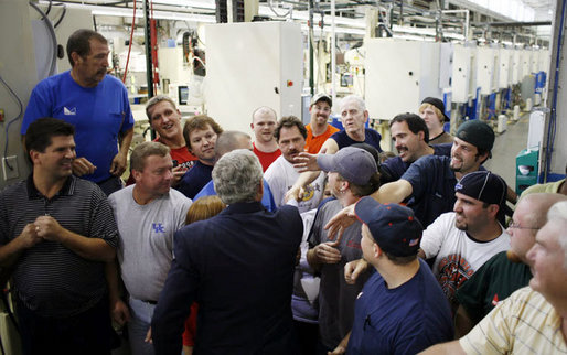 President George W. Bush greets employees of Meyer Tool Inc. Monday, Sept. 25, 2006 in Cincinnati, Ohio, where he took a tour of the facility and spoke about the strength of the U.S. economy and how vital small businesses are to the nation’s economic vitality. White House photo by Paul Morse