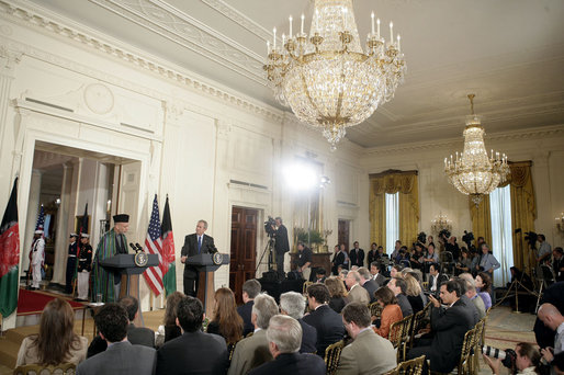 President George W. Bush and President Hamid Karzai of the Islamic Republic of Afghanistan hold a joint press conference Tuesday, Sept. 26, 2006. White House photo by Eric Draper