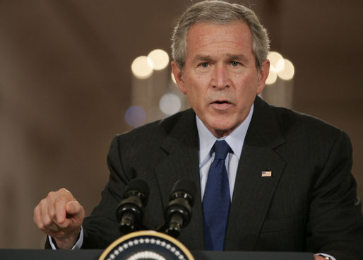 President George W. Bush offers remarks Tuesday, Sept. 26, 2006, during a joint press availability in the East Room with President Hamid Karzai, of the Islamic Republic of Afghanistan. Said the President, "The fighting in Afghanistan is part of a global struggle. Every victory in the war on terror enhances the security of free peoples everywhere." White House photo by Paul Morse