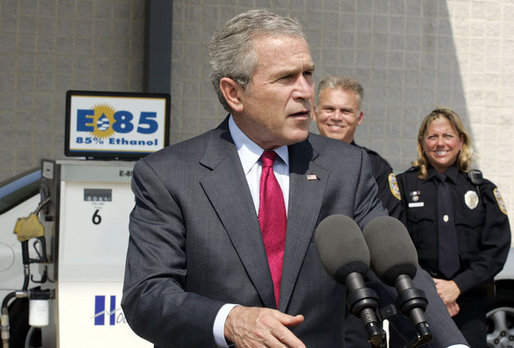 President George W. Bush stresses the importance of developing and using alternative fuels while speaking on energy issues Thursday, Sept. 28, 2006, during a visit to the Hoover Public Safety Center in Hoover, Ala. The city has just opened an alternative fueling station to provide E85 (ethanol) and biodiesel fuels for public agency vehicles. White House photo by Paul Morse