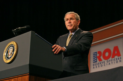 President George W. Bush discusses the Global War on Terror during an address to the Reserve Officers Association Friday, Sept. 29, 2006. "This is the call of a generation, to stand against the extremists and support moderate leaders across the broader Middle East, to help us all secure a future of peace," said the President. White House photo by Eric Draper