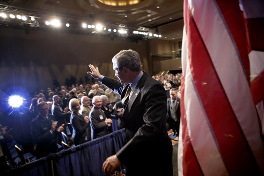 President George W. Bush waves after addressing the Reserve Officers Association Friday, Sept. 29, 2006. White House photo by Eric Draper