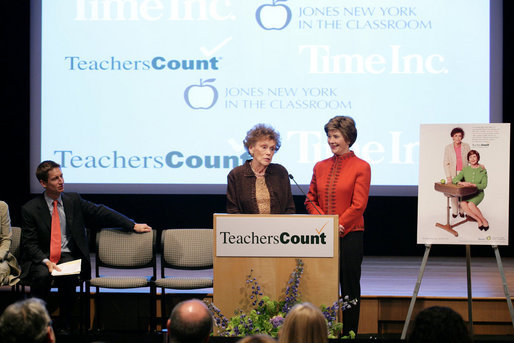 Mrs. Laura Bush stands with her second grade teacher, Charlene Gnagy, as Mrs. Gnagy speaks to the audience Thursday, October 5, 2006, during the TeachersCount “Behind every famous person is a fabulous teacher” PSA campaign launch ceremony in New York City. The campaign is to help create awareness for teachers and the role they play in the lives of children and to raise the status of the teaching profession. White House photo by Shealah Craighead