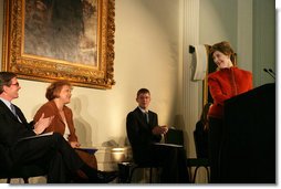 Mrs. Laura Bush smiles at Gerry Kohler, recipient of the 2006 Preserve America History Teacher of the Year award, while delivering remarks during a ceremony at the Union League Club in New York City, Thursday, October 5, 2006. Mrs. Kohler is a teacher at VanDevender Junior High School in West Virginia. Also shown are Dr. James Basker, President, Gilder Lehrman Institute of American History, left, and Patrick Shahan and Elizabeth Corbit, students of Mrs. Kohler’s. White House photo by Shealah Craighead