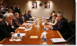 President George W. Bush and U.S. Secretary of Education Margaret Spellings meet with senior officials of the U.S. Department of Education Thursday, Oct. 5, 2006, during a briefing on the implementation of No Child Left Behind law and to highlight the President's education agenda. White House photo by Paul Morse