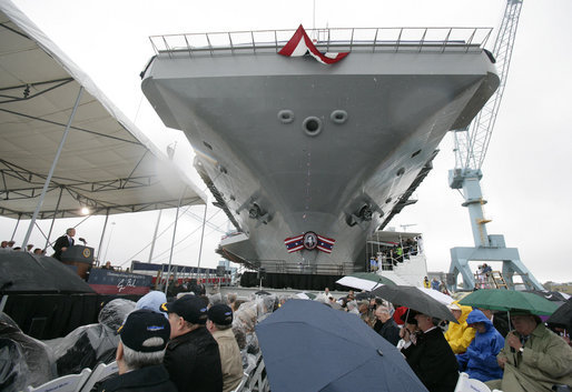 President George W. Bush delivers remarks during the Christening Ceremony of the George H.W. Bush (CVN 77) in Newport News, Virginia, Saturday, Oct. 7, 2006. White House photo by Eric Draper