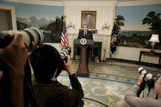 President George W. Bush delivers a statement on North Korea from the Diplomatic Reception Room of the White House, Monday, Oct. 9, 2006. White House photo by Kimberlee Hewitt