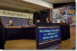 President George W. Bush participates in a panel on school safety at the National 4-H Conference Center in Chevy Chase, Md., Tuesday, Oct. 10, 2006. "All of us in this country want our classrooms to be gentle places of learning, places where people not only learn the basics -- basic skills necessary to become productive citizens, but learn to relate to one another," said President Bush. "And our parents I know want to be able send their child or children to schools that are safe places."  White House photo by Kimberlee Hewitt