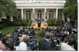 President George W. Bush discusses North Korea during a press conference in the Rose Garden Wednesday, Oct. 11, 2006. "I've spoken with other world leaders, including Japan, China, South Korea, and Russia," said President Bush. "We all agree that there must be a strong Security Council resolution that will require North Korea to abide by its international commitments to dismantle its nuclear programs." White House photo by Paul Morse