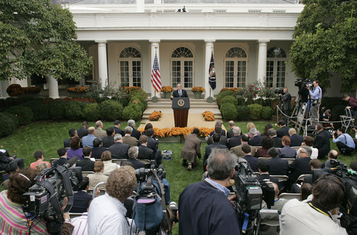 President George W. Bush discusses North Korea during a press conference in the Rose Garden Wednesday, Oct. 11, 2006. "I've spoken with other world leaders, including Japan, China, South Korea, and Russia," said President Bush. "We all agree that there must be a strong Security Council resolution that will require North Korea to abide by its international commitments to dismantle its nuclear programs." White House photo by Paul Morse