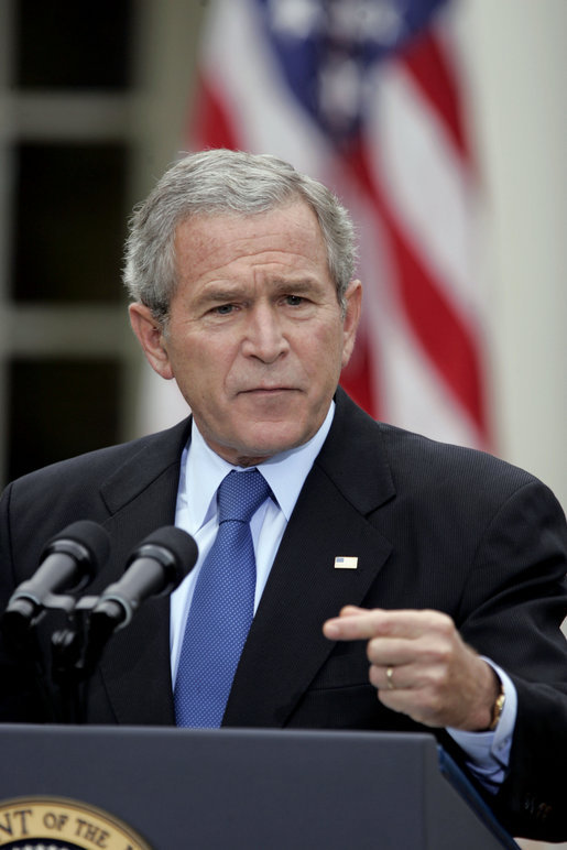 President George W. Bush holds a press conference in the Rose Garden Wednesday, Oct. 11, 2006. “In response to North Korea's actions, we're working with our partners in the region and the United Nations Security Council to ensure there are serious repercussions for the regime in Pyongyang,” said President Bush. White House photo by Paul Morse