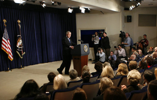 President George W. Bush delivers remarks regarding the economy in the Dwight D. Eisenhower Executive Office Building Wednesday, Oct. 11, 2006. "This morning my administration released the budget numbers for fiscal 2006. These budget numbers are not just estimates; these are the actual results for the fiscal year that ended February the 30th," said the President. "These numbers show that the budget deficit has been reduced to $248 billion and is down to just 1.9 percent of the economy. As a percentage of the economy, the deficit is now lower than it has been for 18 out of the last 25 years." White House photo by Paul Morse