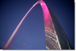 The Gateway Arch in St. Louis was illuminated in pink in honor of Breast Cancer Awareness Month during the Arch Lighting for Breast Cancer Awareness Thursday, Oct. 12, 2006. Mrs. Laura Bush delivered remarks and met with the audience members during the event. White House photo by Shealah Craighead