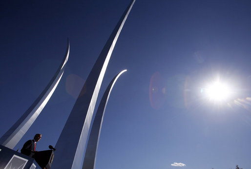 President George W. Bush gives remarks at the dedication of the United States Air Force Memorial in Arlington, Virginia on October 14, 2006. White House photo by Paul Morse