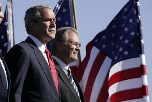 President George W. Bush with Secretary of Defense Donald Rumsfeld at the dedication of the United States Air Force Memorial in Arlington, Virginia on October 14, 2006. White House photo by Paul Morse