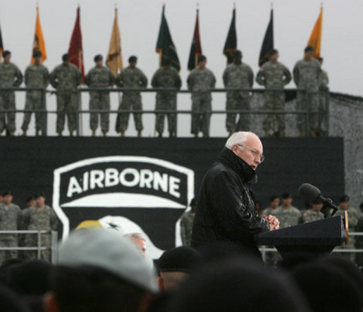 Vice President Dick Cheney addresses members of the 101st Airborne Division at Fort Campbell Army Base in Fort Campbell, Ky., Monday, October 16, 2006. "Last month in Iraq, you completed a year-long deployment that reflected tremendous credit on the Army, and helped to move a liberated country one step closer to a future of security and peace," the Vice President said. "The 101st carried out air assault missions against the enemies of freedom, provided security for national elections, trained some 32,000 police, helped provide border protection, and turned over more territory to 35 Iraqi Army battalions, so they can take the lead in defending their own country." White House photo by David Bohrer