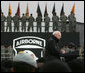 Vice President Dick Cheney addresses members of the 101st Airborne Division at Fort Campbell Army Base in Fort Campbell, Ky., Monday, October 16, 2006. "Last month in Iraq, you completed a year-long deployment that reflected tremendous credit on the Army, and helped to move a liberated country one step closer to a future of security and peace," the Vice President said. "The 101st carried out air assault missions against the enemies of freedom, provided security for national elections, trained some 32,000 police, helped provide border protection, and turned over more territory to 35 Iraqi Army battalions, so they can take the lead in defending their own country." White House photo by David Bohrer