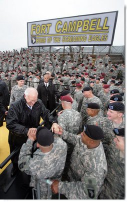 Vice President Dick Cheney greets members of the 101st Airborne Division during a visit to Fort Campbell Army Base in Fort Campbell, Ky., Monday, October 16, 2006. White House photo by David Bohrer