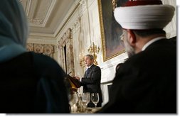 President George W. Bush addresses the Iftaar Dinner with Ambassadors and Muslim leaders in the State Dining Room of the White House, Monday, Oct. 16, 2006.  White House photo by Paul Morse