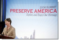 Mrs. Laura Bush addresses the Preserve America Summit at the U.S. Custom House in New Orleans, La., Thursday, Oct. 19, 2006. "By creating institutions like the Advisory Council on Historic Preservation, the State Historic Preservation Offices, and the National Register of Historic Places, the National Historic Preservation Act has saved priceless artifacts of American history, and led to four terrific decades of preservation work throughout the United States," said Mrs. Bush.  White House photo by Shealah Craighead