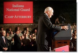 Vice President Dick Cheney smiles in response to a welcome given by troops and families at a rally for the Indiana Air and Army National Guard at Camp Atterbury in Edinburgh, Indiana, Friday, October 20, 2006. White House photo by David Bohrer