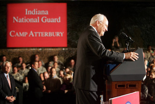 Vice President Dick Cheney smiles in response to a welcome given by troops and families at a rally for the Indiana Air and Army National Guard at Camp Atterbury in Edinburgh, Indiana, Friday, October 20, 2006. White House photo by David Bohrer