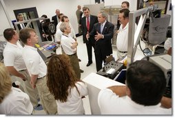 President George W. Bush speaks to employees at Gyrocam Systems in Sarasota, Fla., during an unannounced visit Tuesday, Oct. 24, 2006. Gyrocam Systems is known as an industry leader in airborne surveillance used for both law enforcement and homeland security.  White House photo by Eric Draper