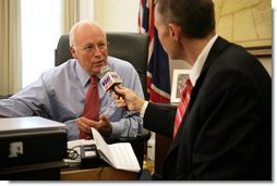 Vice President Dick Cheney is interviewed by Scott Hennen, host of the Hot Talk radio program on WDAY AM 970 in Fargo, N.D., during the White House Radio Day, Tuesday, October 24, 2006. White House photo by David Bohrer