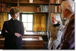 Mrs. Laura Bush listens to Sandy Bates, Secretary of the Board for Pearl S. Buck International, center, and Janice Walsh, daughter of Pearl S. Buck, right, Tuesday, October 24, 2006, during a tour of the Pearl S. Buck House National Landmark, a 2005 Save America’s Treasures grant recipient, in Perkasie, Pennsylvania. Pearl S. Buck was the first woman to win the Nobel and Pulitzer Prizes and also dedicated her life to promoting tolerance, human rights and inter-cultural understanding. White House photo by Shealah Craighead