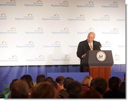 Vice President Dick Cheney delivers remarks on the economy and global war on terror to business leaders attending the 2006 Election Forum of the Cincinnati USA Regional Chamber of Commerce, Wednesday, October 25, 2006 in Cincinnati, Ohio. The Chamber is the fifth largest in the nation and extends service to Southwest Ohio, Northern Kentucky and Southeastern Indiana. White House photo by David Bohrer